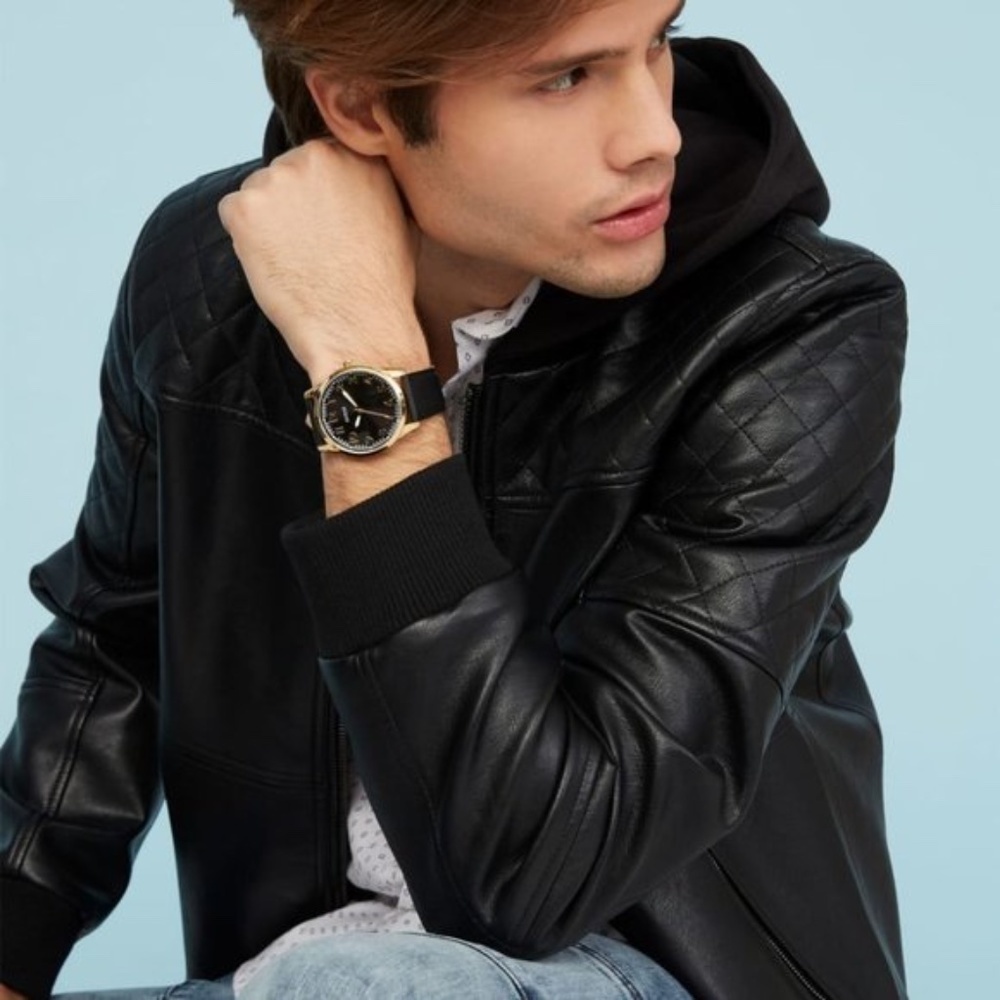 New GUESS Timmy Faux-Leather Hooded Moto Jacket - Picture 4 of 5